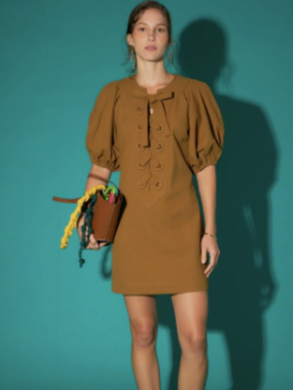 Anthropologie ENGLISH FACTORY Olive Laced Up Puffed Sleeve Mini Dress size M NWT